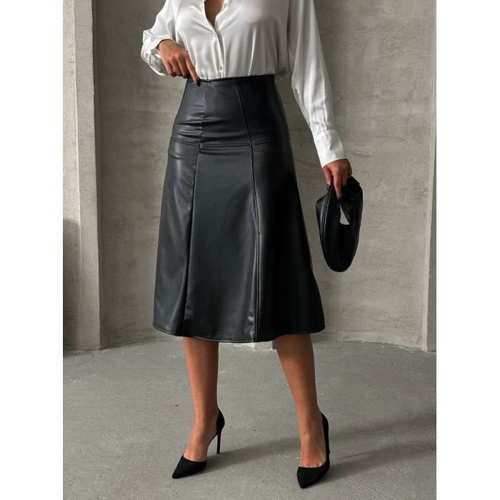 Komple parçalı deri etek siyah h26441