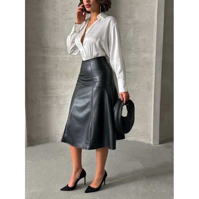 Komple parçalı deri etek siyah h26441