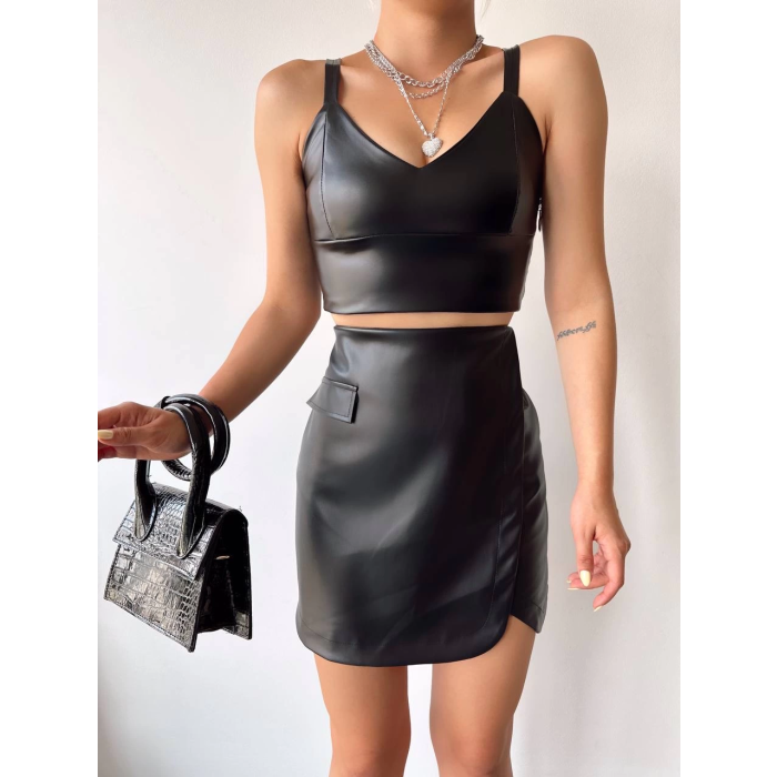 Cep detaylı oval kapaklı deri etek siyah h240048