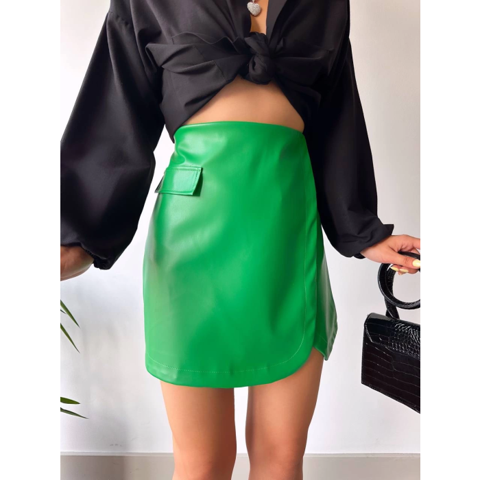 Cep detaylı oval kapaklı deri etek yeşil h240048