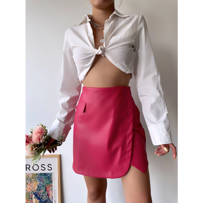 Cep detaylı oval kapaklı deri etek fuşya h240048