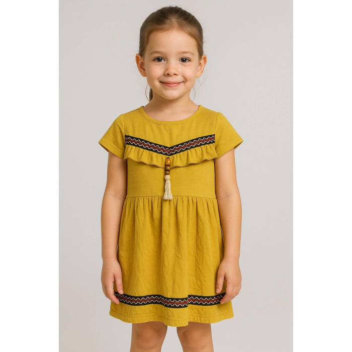 Önü püsküllü boncuk detaylı kız çocuk elbisesi hardal