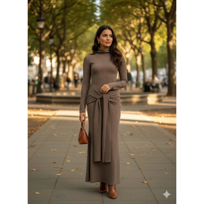 Kendinden kemerli uzun elbise vizon