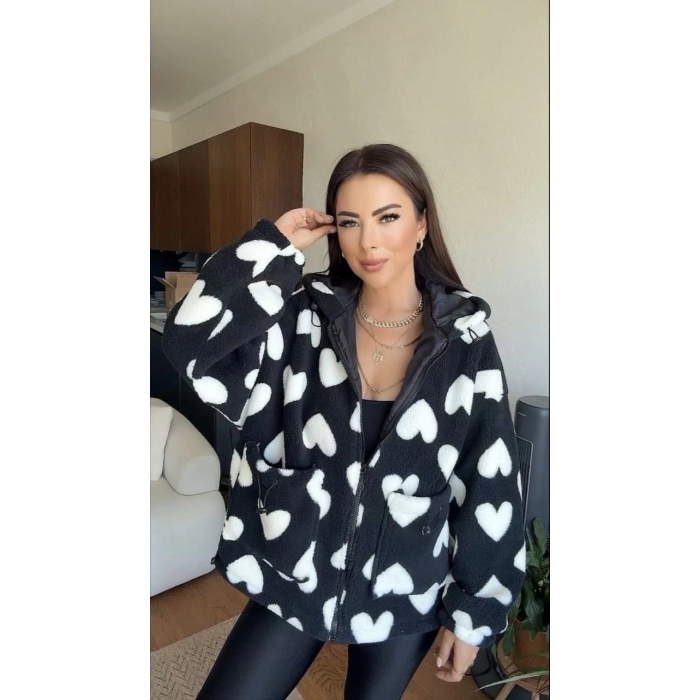 Kalpli peluş ceket içi astarlı siyahbeyaz