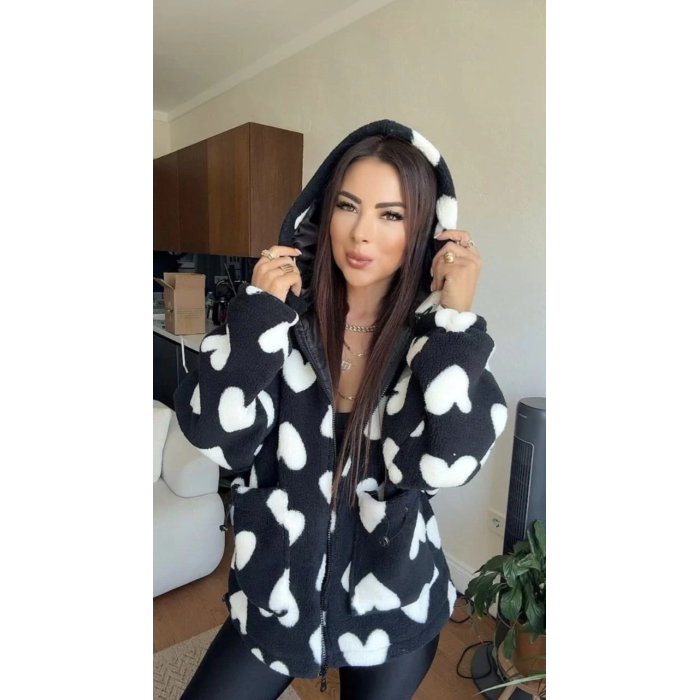 Kalpli peluş ceket içi astarlı siyahbeyaz