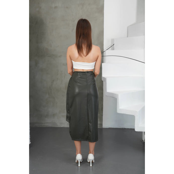 Kuşaklı uzun deri etek haki h26414