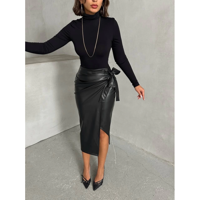 Kuşaklı uzun deri etek siyah h26414