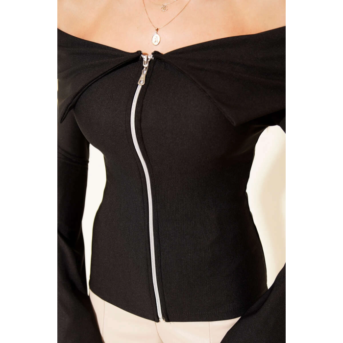 Omzu Açık Fermuarlı Bluz siyah T4330