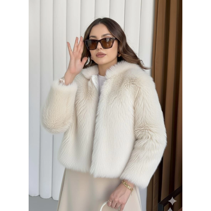 Fermuarlı kısa kürk siyah ekru t7746