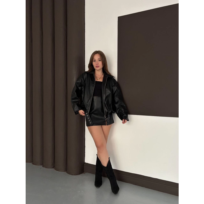 Astarlı kemerli pb deri ceket siyah onst