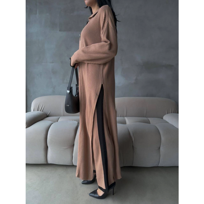 Pantolon yırtmaçlı elbise ikili triko takım vizon elf