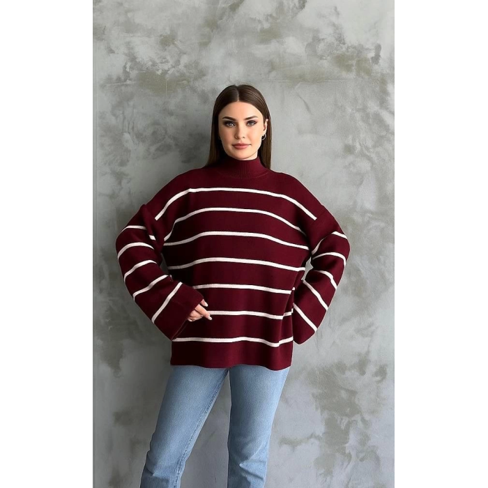 Çizgili ispanyol kol triko boğazlı kazak bordo elf