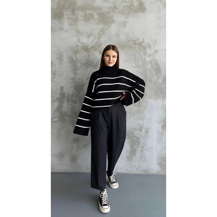 Çizgili ispanyol kol triko boğazlı kazak siyah elf