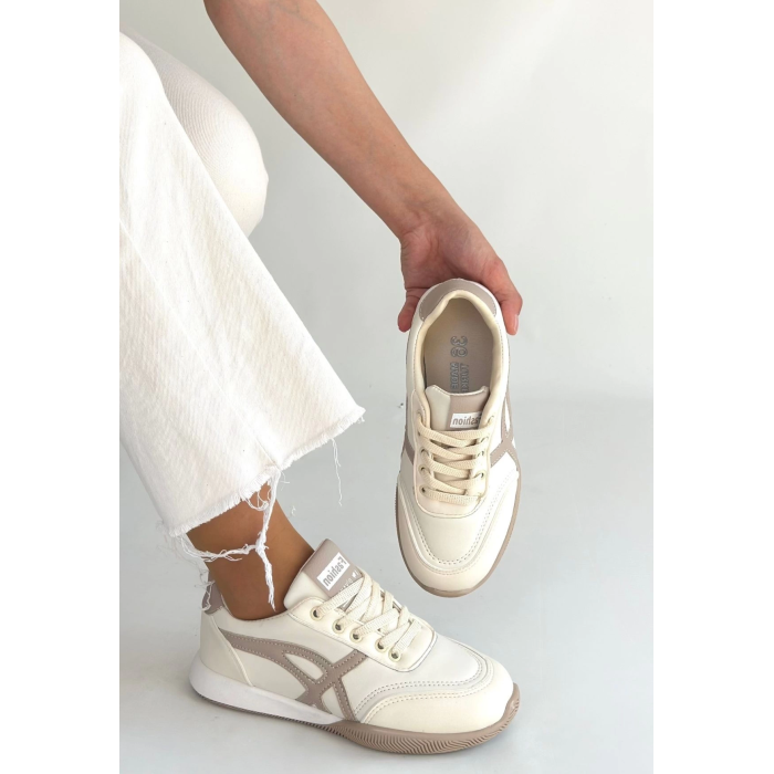 Zlay Bej Cilt Vizon Detaylı Bağcıklı Spor Ayakkabı