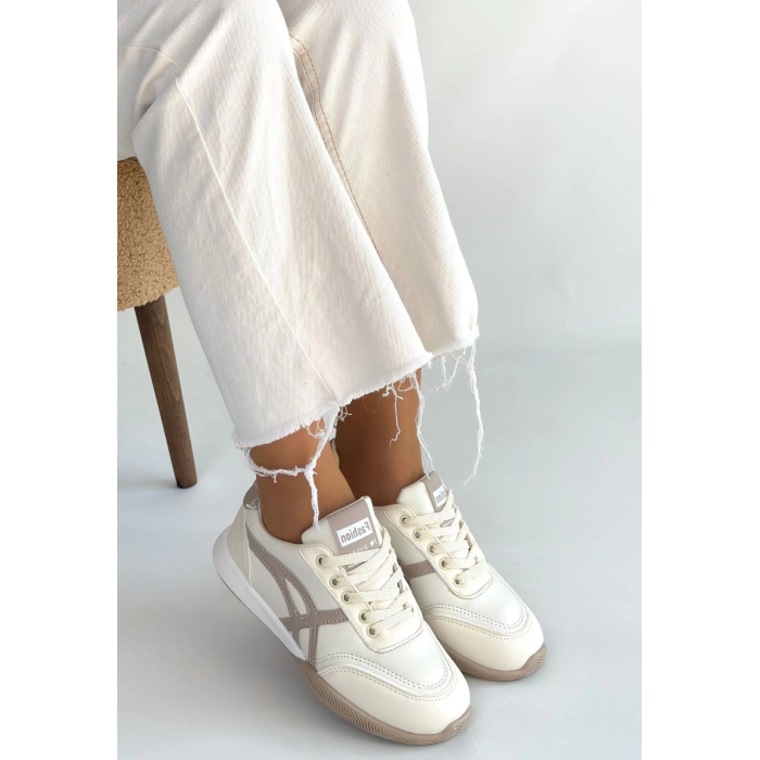 Zlay Bej Cilt Vizon Detaylı Bağcıklı Spor Ayakkabı