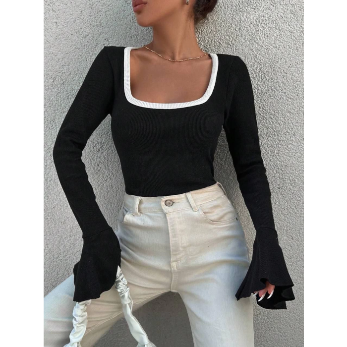 Kare yaka garni detay ispanyol kol bluz siyah a3105