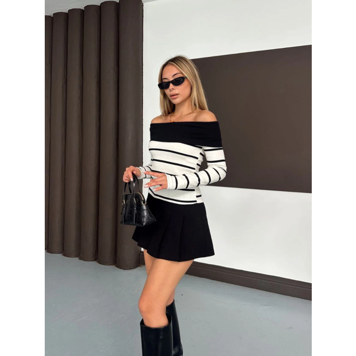 Çizgili madonna yaka kaşkorse bluz beyaz a844