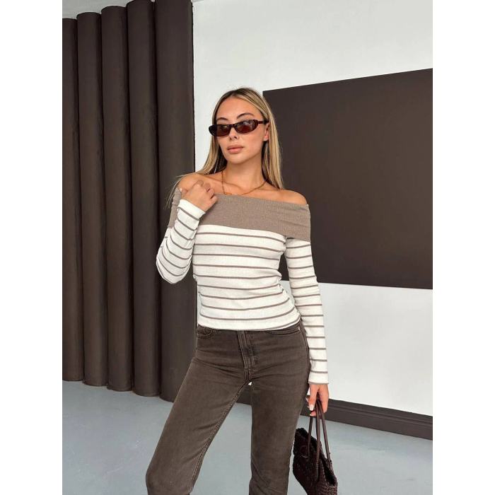 Çizgili madonna yaka kaşkorse bluz bej a844