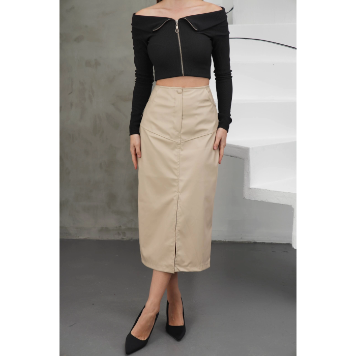 Yırtmaçlı uzun deri etek bej