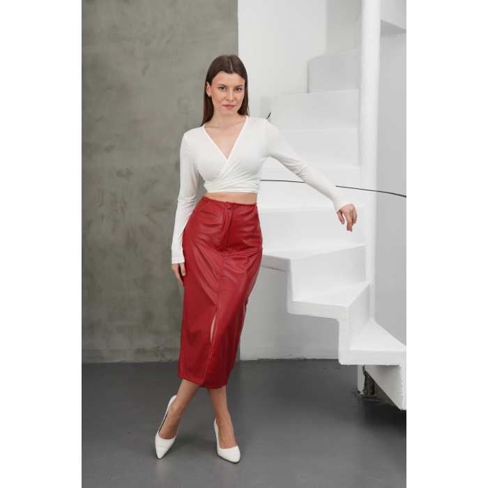 Yırtmaçlı uzun deri etek bordo