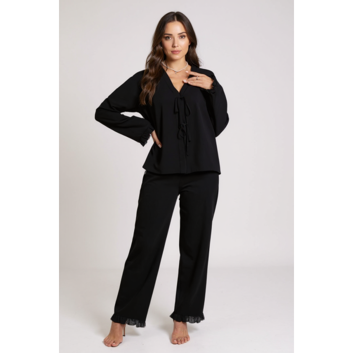 Kadın Siyah Önden Bağlamalı Kolu ve Paçası Fırfır Detaylı Uzun Kollu Pijama Takımı