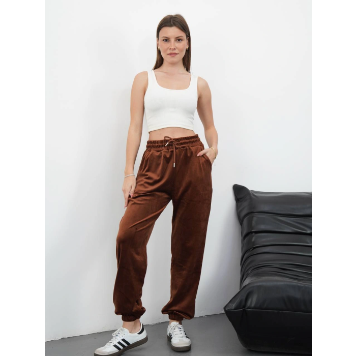 Paça lastikli kadife eşofman kahve md34