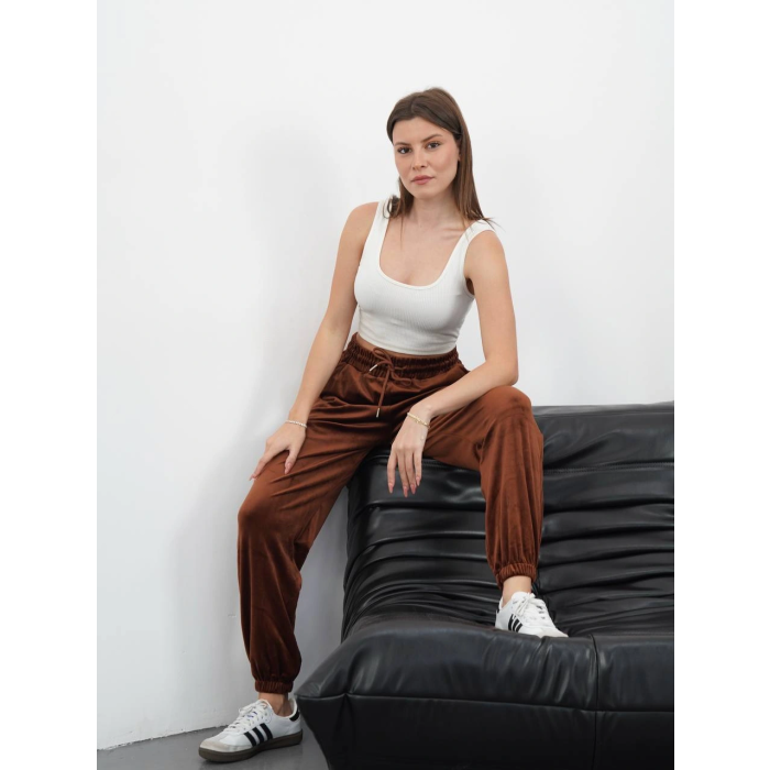 Paça lastikli kadife eşofman kahve md34