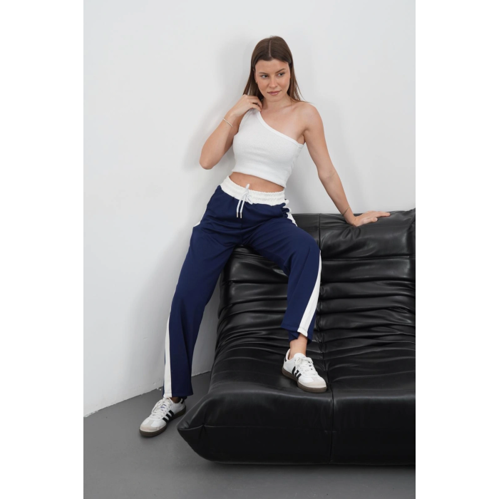 Şeritli garnili pantolon lacivert