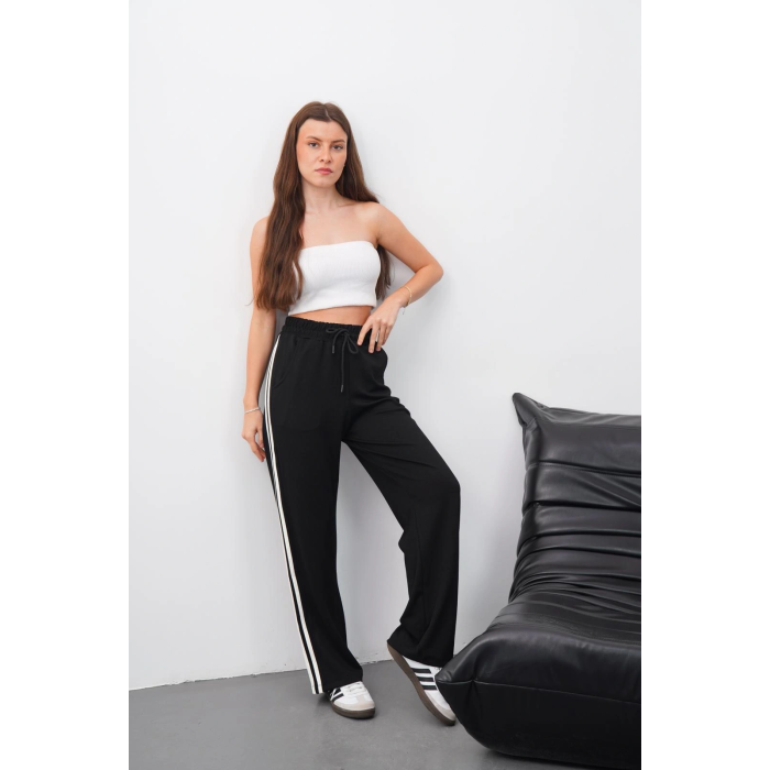 Yandan çift şeritli pantolon siyah