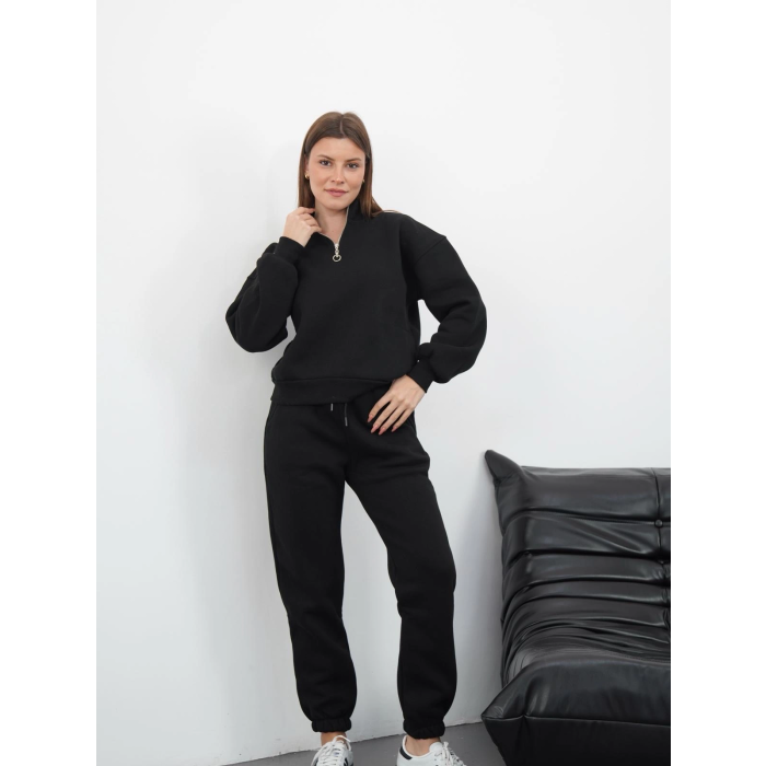 3 iplik içi Şardonlu yarım fermuarlı alt üst takım siyah