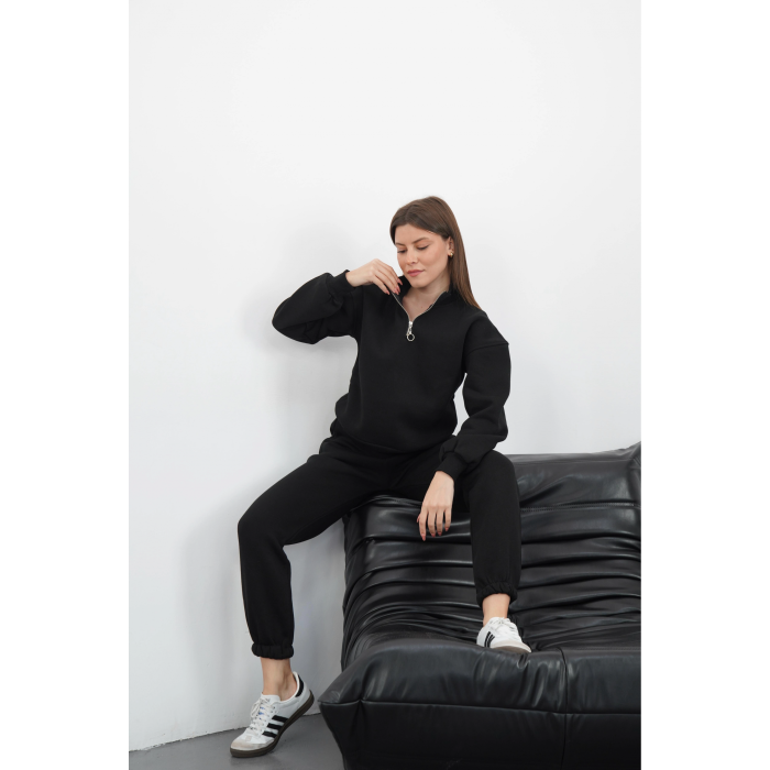 3 iplik içi Şardonlu yarım fermuarlı alt üst takım siyah