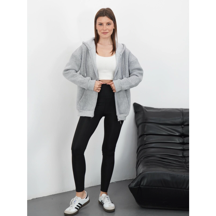 3 iplik şardonlu fermuarlı kapşonlu hırka gri