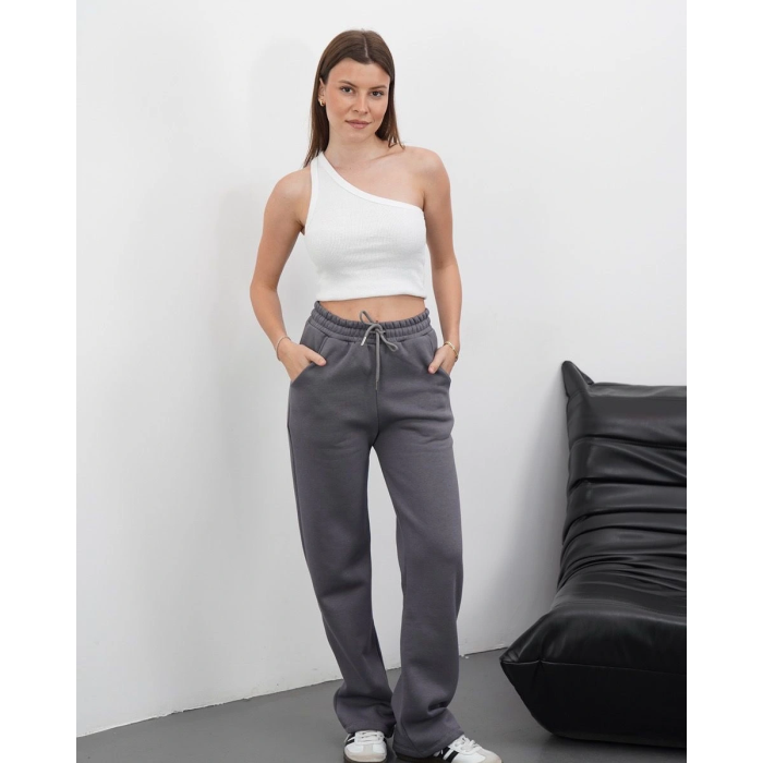 3 iplik şardonlu palazzo pantolon füme md64