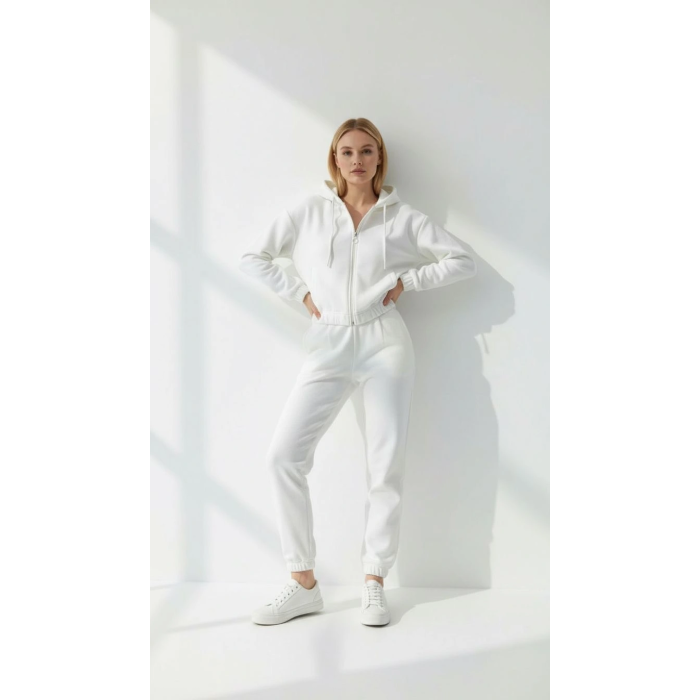 3 iplik şardonlu Kapşonlu fermuarlı kısa üst beyaz pat8590