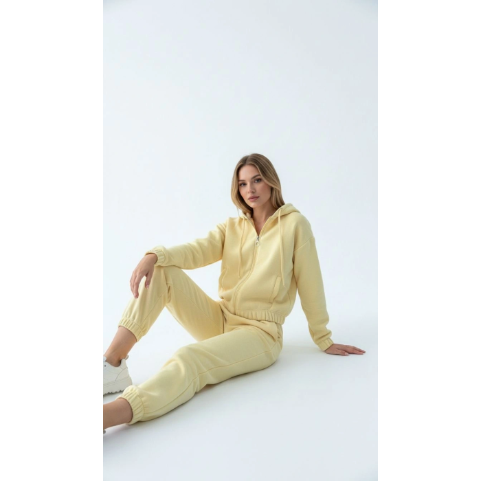 3 iplik şardonlu Kapşonlu fermuarlı kısa üst sarı pat8590