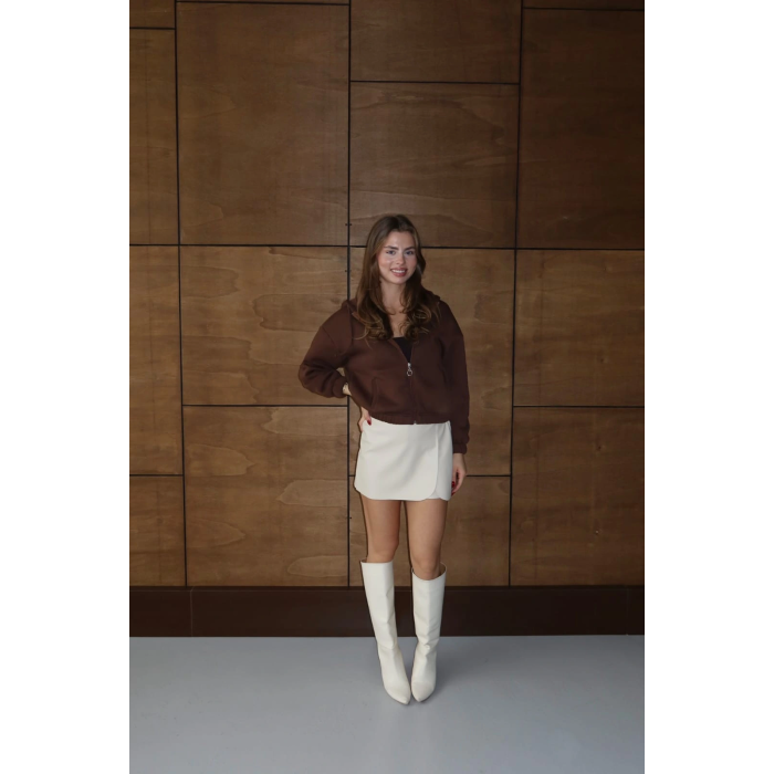 3 iplik şardonlu Kapşonlu fermuarlı kısa üst kahve pat8590