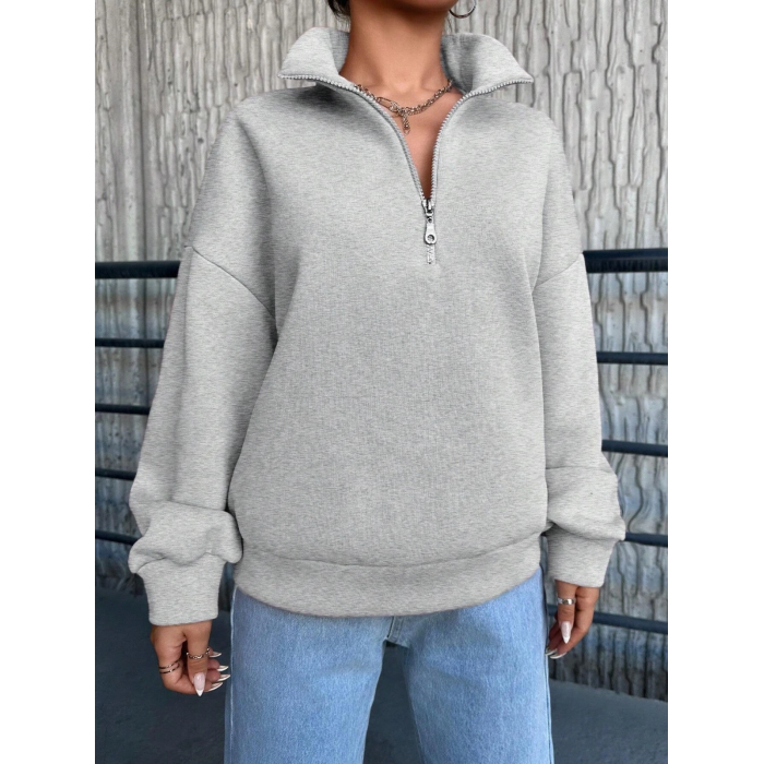 3 iplik Şardonlu yarım fermuarlı sweatshirt gri