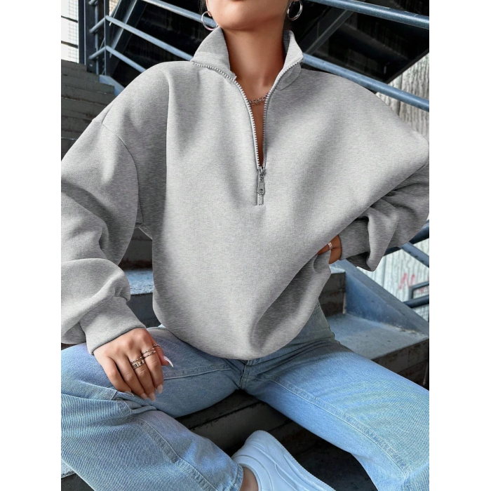 3 iplik Şardonlu yarım fermuarlı sweatshirt gri