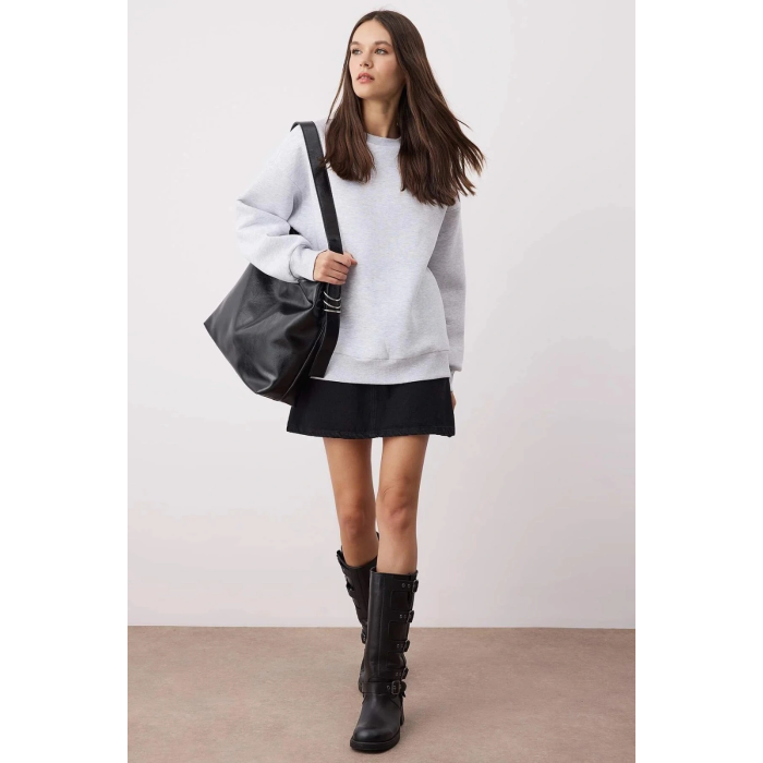 3 iplik şardonlu bisiklet yaka sweatshirt gri