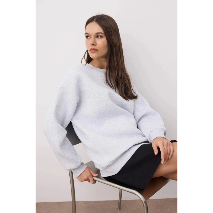 3 iplik şardonlu bisiklet yaka sweatshirt gri