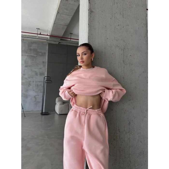 3 iplik şardonlu Lastik paça eşofman pembe p510439