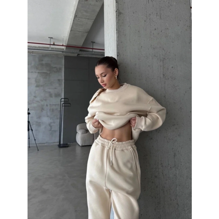 3 iplik şardonlu Lastik paça eşofman bej p510439