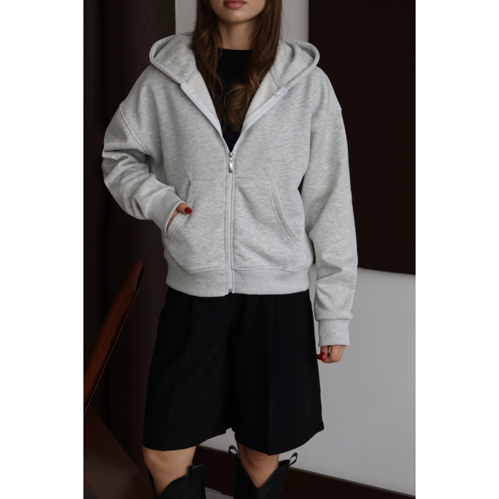 3 iplik şardonlu kapşonlu hoodie frm gri p510437