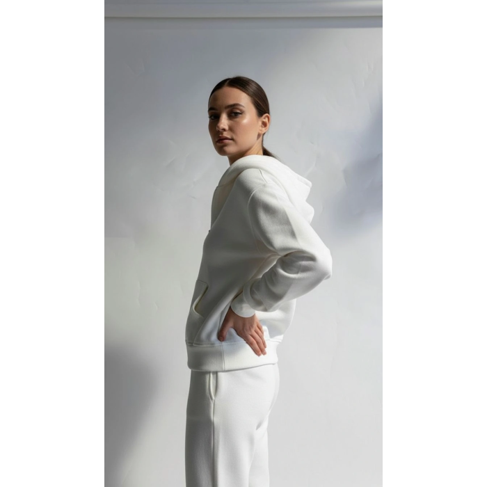 3 iplik şardonlu kapşonlu hoodie frm beyaz p510437