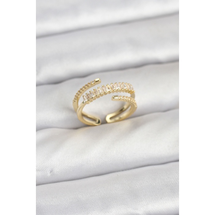 Pirinç Gold Renk Sıralı Baget Zirkon Taşlı Kadın Yüzük