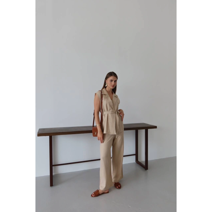 Keten yelek pantolon takım bej pt