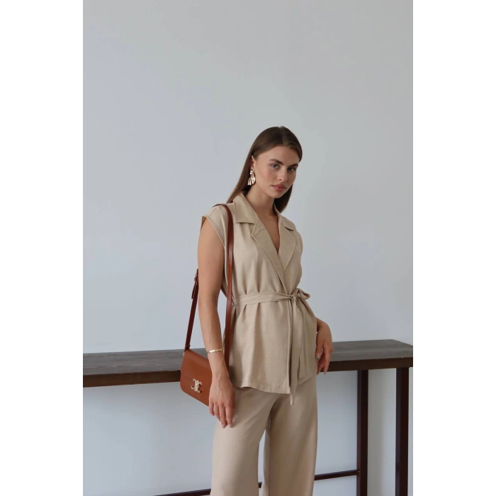 Keten yelek pantolon takım bej pt