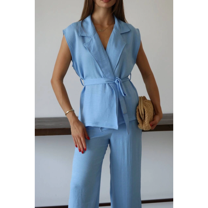 Keten yelek pantolon takım mavi pt