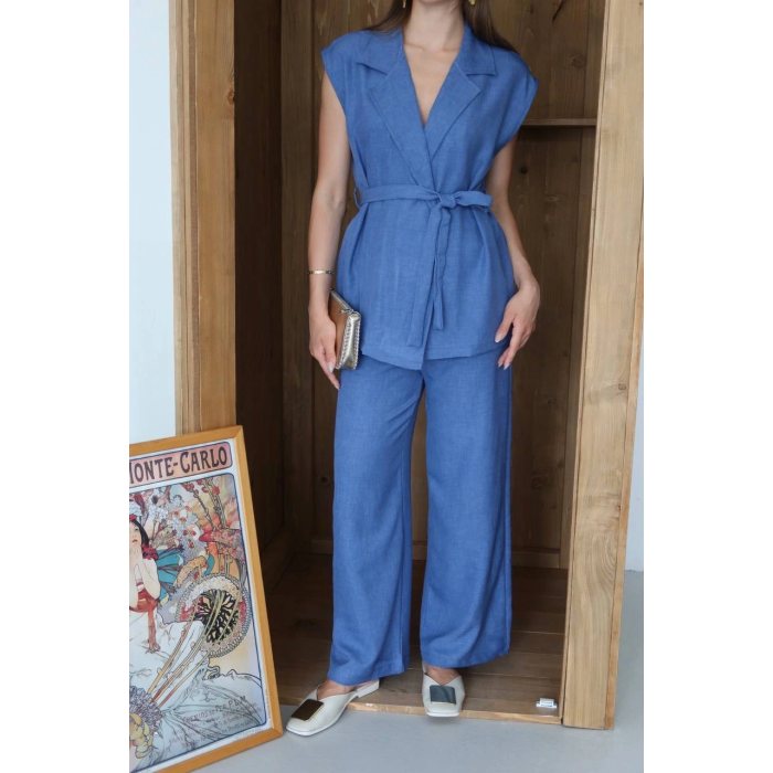 Keten yelek pantolon takım indigo pt