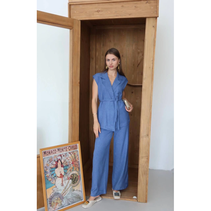 Keten yelek pantolon takım indigo pt